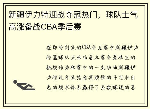 新疆伊力特迎战夺冠热门，球队士气高涨备战CBA季后赛