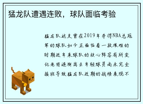 猛龙队遭遇连败，球队面临考验